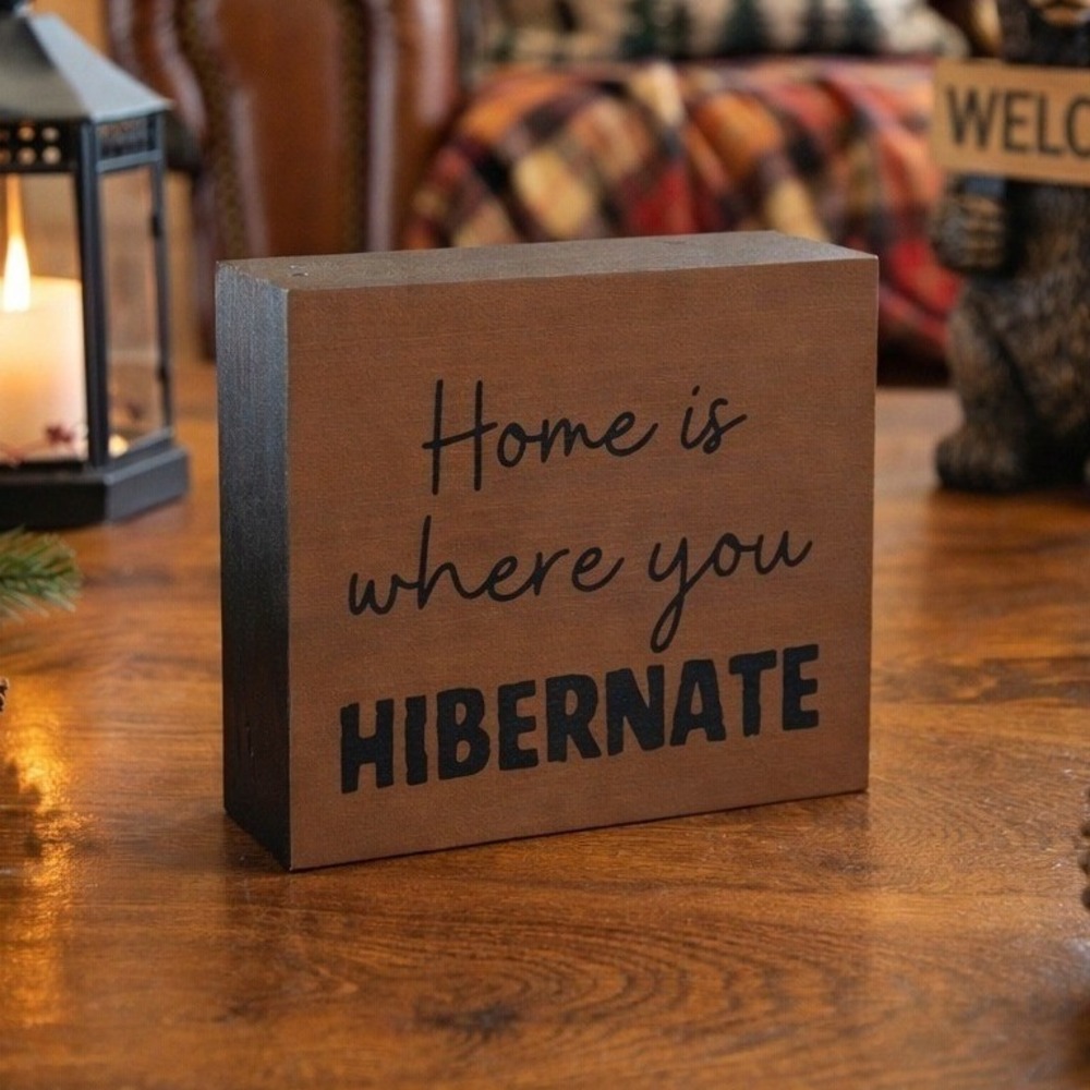Home is Where You Hibernate‎ Wood Block Sign Cozy Winter Bear Decor